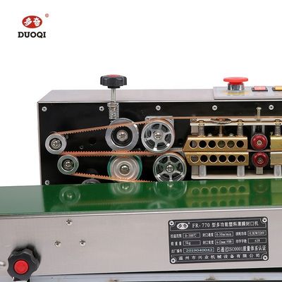 Máquina de sellado térmico de acero inoxidable DUOQI FR-770SS con accionamiento eléctrico para películas de embalaje